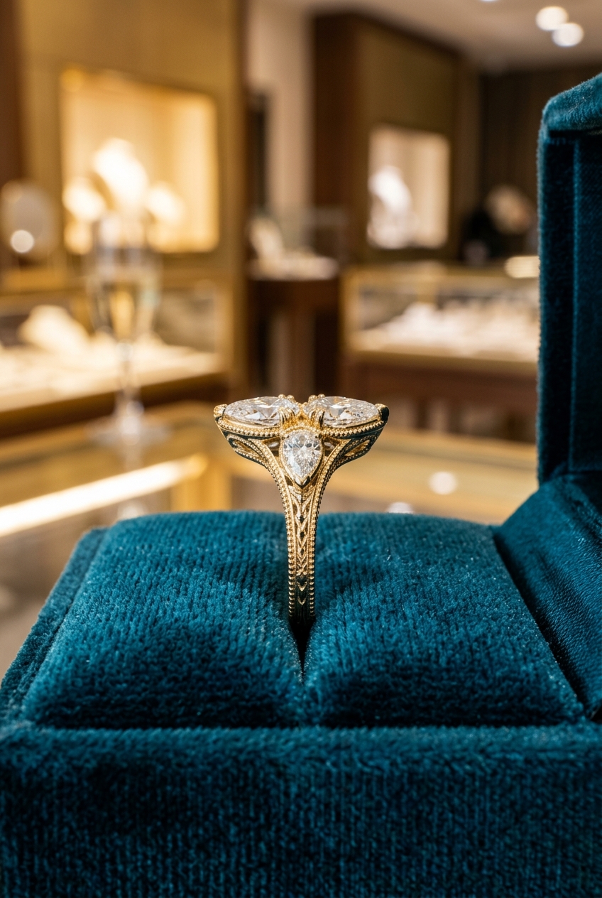 Gold ring with a wide flat top standing in its box — the Signet Name Ring design